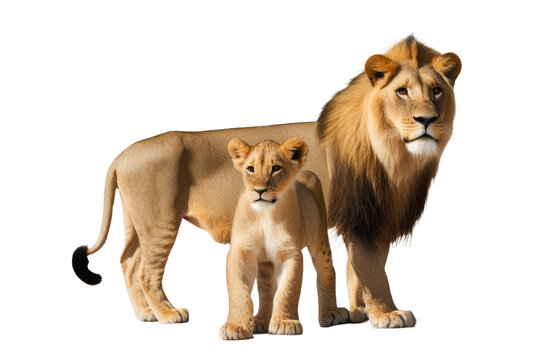 A High Quality Stock Photograph Of A Single Mother Lion With Cub Full Body Isolated On A White Background