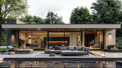 Fototapeta na wymiar image of a sleek, modern home with floor-to-ceiling windows, showcasing an open-concept living space and a minimalist design