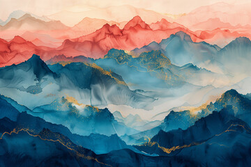 Fototapeta premium freehand brushwork of liquid light blue and salmon color and gold mountains (4)