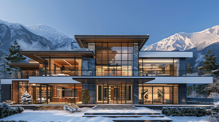 Fototapeta na wymiar photo-realistic image of a luxurious modern home with a grand entrance and expansive glass walls, offering stunning views of a mountain landscape