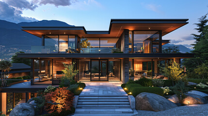 Obraz premium photo-realistic image of a luxurious modern home with a grand entrance and expansive glass walls, offering stunning views of a mountain landscape