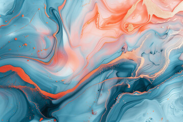 freehand brushwork of liquid light blue and salmon color and gold mountains (2)