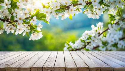 Spring nature background with blossoming flowers and rustic wooden table