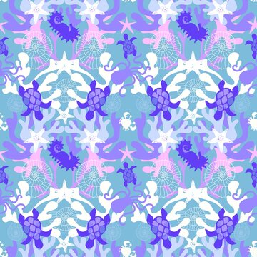 Cartoon animals seamless starfish and turtle and shell and crabs and octopus pattern for fabrics