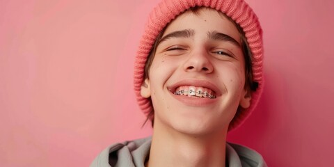 A smiling teenager with braces mouth, close up - obrazy, fototapety, plakaty