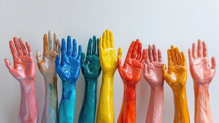 concept of Belonging Inclusion Diversity Equity DEIB, group of multicolor painted people hands	
