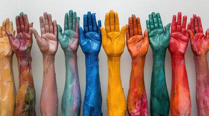 concept of Belonging Inclusion Diversity Equity DEIB, group of multicolor painted hands of different people