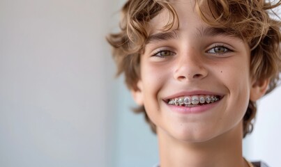 A smiling teenager with braces mouth, close up - obrazy, fototapety, plakaty