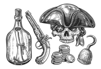 Hand drawn Pirate concept. Sketch vintage vector illustration. Items collection