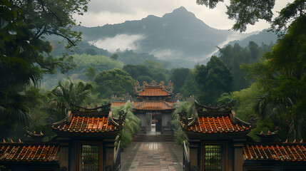Templo Budista Sereno Entre Portões e Montanhas em uma Floresta Verdejante