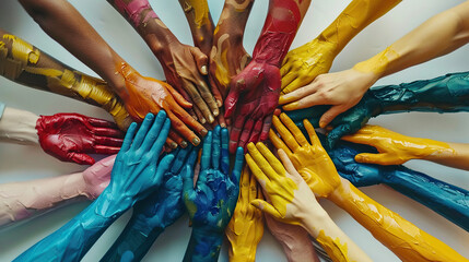 concept of Belonging Inclusion Diversity Equity DEIB, group of multicolor painted people hands - obrazy, fototapety, plakaty