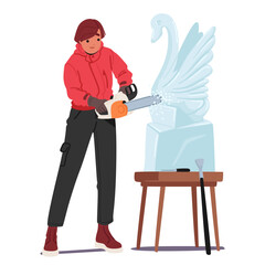 Ice Sculptor Character Carve Frozen Masterpieces, Transforming Solid Ice Into Intricate And Ephemeral Swan, Vector