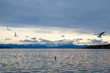 Lake Starnberg in Bavaria, Germany. Pier with the Alps mountains in the background