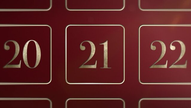 Red door number 12 twenty one opening calendar reveal, updateable green screen revealing transition sting, 3D gold xmas festive golden numbered doors shiny video, Christmas Advent Calendar animation