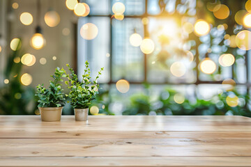 Warm Bokeh Lights with Green Plants on Wooden Tabletop Interior