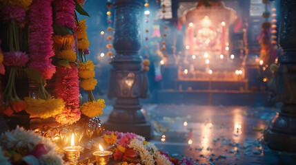 Cena tranquila em um santuário hindu decorado com guirlandas florais e velas enquanto devotos prestam suas homenagens - obrazy, fototapety, plakaty