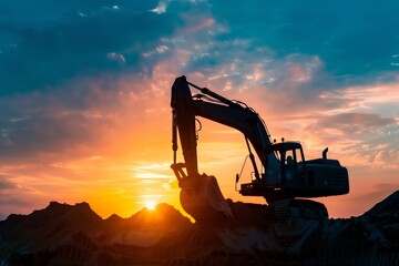 Industrial excavator at sunset on construction site