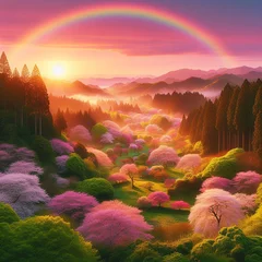 Foto auf Acrylglas A landscape scene of a lush spring sakura forest on peninsula angle © Kindness