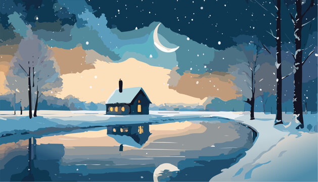 Winter landscape with a house, snow and moon