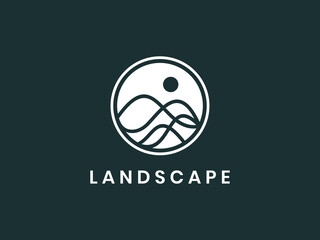 mountain logo vector design template. The mountain logo is made with a line inside a circle	