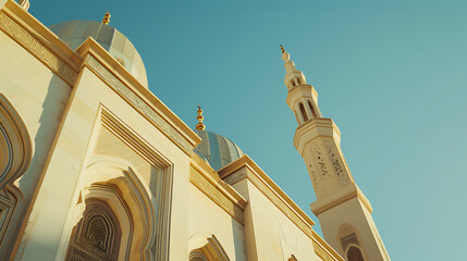 Mesquita deslumbrante detalhes arquitetônicos contra o céu azul em um meio de tiro com lente de 50 mm - obrazy, fototapety, plakaty