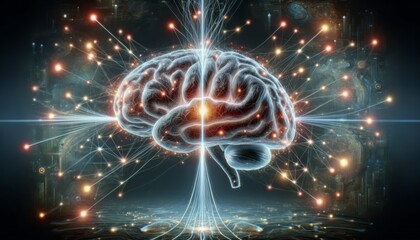 Human brain with neural network, glowing connections, cosmic energy, advanced technology interface
