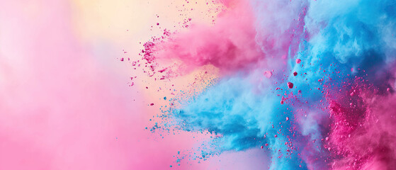 Holi festival background with colorful powder splash, wide pink banner with copy space - obrazy, fototapety, plakaty
