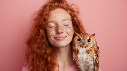 Beautiful Woman with Freckles and Stylish T-Shirt Holds Cute Owl - Close-up View
