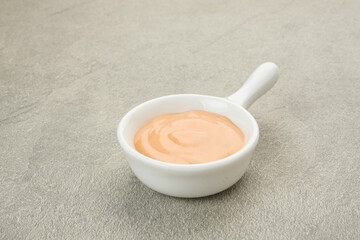 Bowl of tasty mayonnaise, copy space
