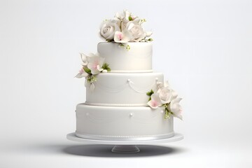 White three-tiered wedding cake decorated with flowers isolated on white background. Elegant holiday desserts concept.