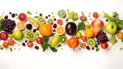 Top view of healthy food, fruits, vegetables isolated on white background.