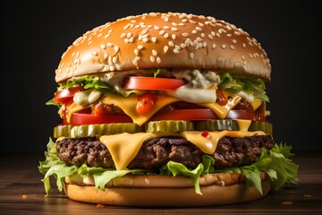 Burger, hamburger or cheeseburger on a dark background. Concept of American fast food.