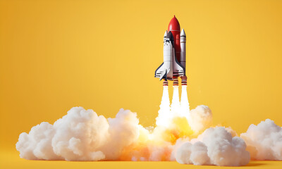 Rocket launching on yellow background, New Project, Start-up