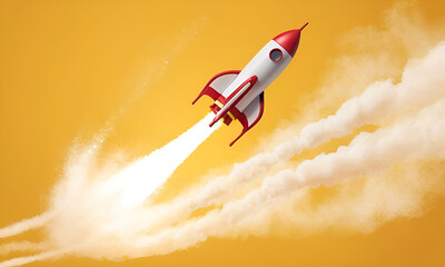 Rocket launching on yellow background, New Project, Start-up