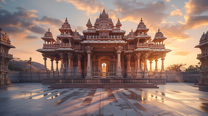 Templo Hindu ao Pôr do Sol Cores Vibrantes e Esculturas Iluminadas pela Luz Noturna - obrazy, fototapety, plakaty