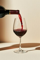 Red wine poured into glass, isolated on beige background. AI Generated 