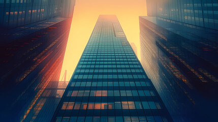 Sunrise across the tops of big city buildings, the majesty of skyscrapers
