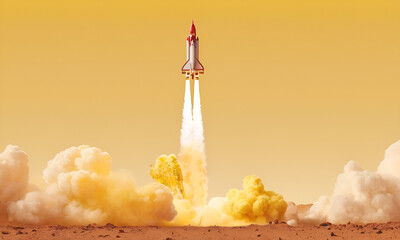 Rocket launching on yellow background, New Project, Start-up