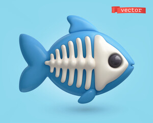Fish skeleton, 3d render vector cartoon icon - 745447942