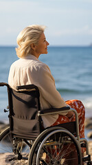 An elderly woman in a wheelchair looks at the ocean in summer