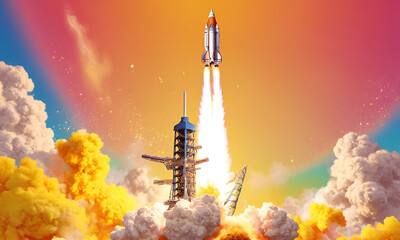 Rocket launching on yellow background, New Project, Start-up
