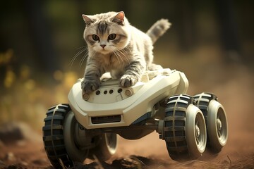 A cute cat rides on a toy remote control car in the forest. The cat is wearing a serious expression and looks forward. The car is moving forward on a dirt road. - Powered by Adobe