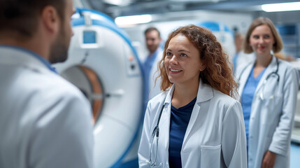 portrait of a female doctor with magnetic resonance machine in the background, MRI scan - obrazy, fototapety, plakaty