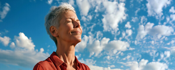 A senior woman happily enjoying the fresh morning air outdoors with a beautiful blue sky, clouds, and sunshine