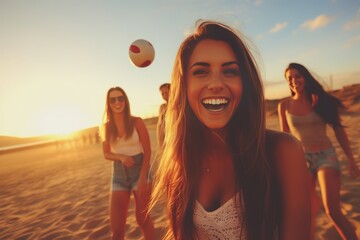 A diverse group of friends playing beach volleyball at sunset on a summer evening, filled with...
