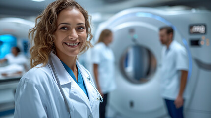 portrait of a female doctor with magnetic resonance machine in the background, MRI scan - obrazy, fototapety, plakaty