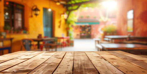 A blurred background of a colorful outdoor setting with wooden base at the front, for product placement, product mockup and backdrop