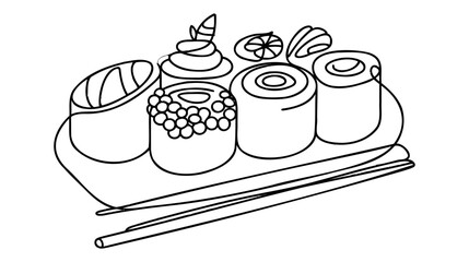 Vector continuous one single line drawing of sushi rolls in silhouette on a white background. Linear stylized