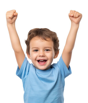 A Young Boy Cheerfully Having Both Arms In The Air, Showing Happiness Achievement, And Success, Isolated On A Transparent Background