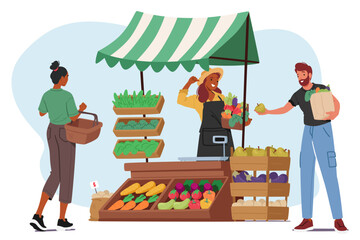 Farmer Character Proudly Displays Vibrant, Fresh Vegetables At Market Stall, Arranged Meticulously, Vector